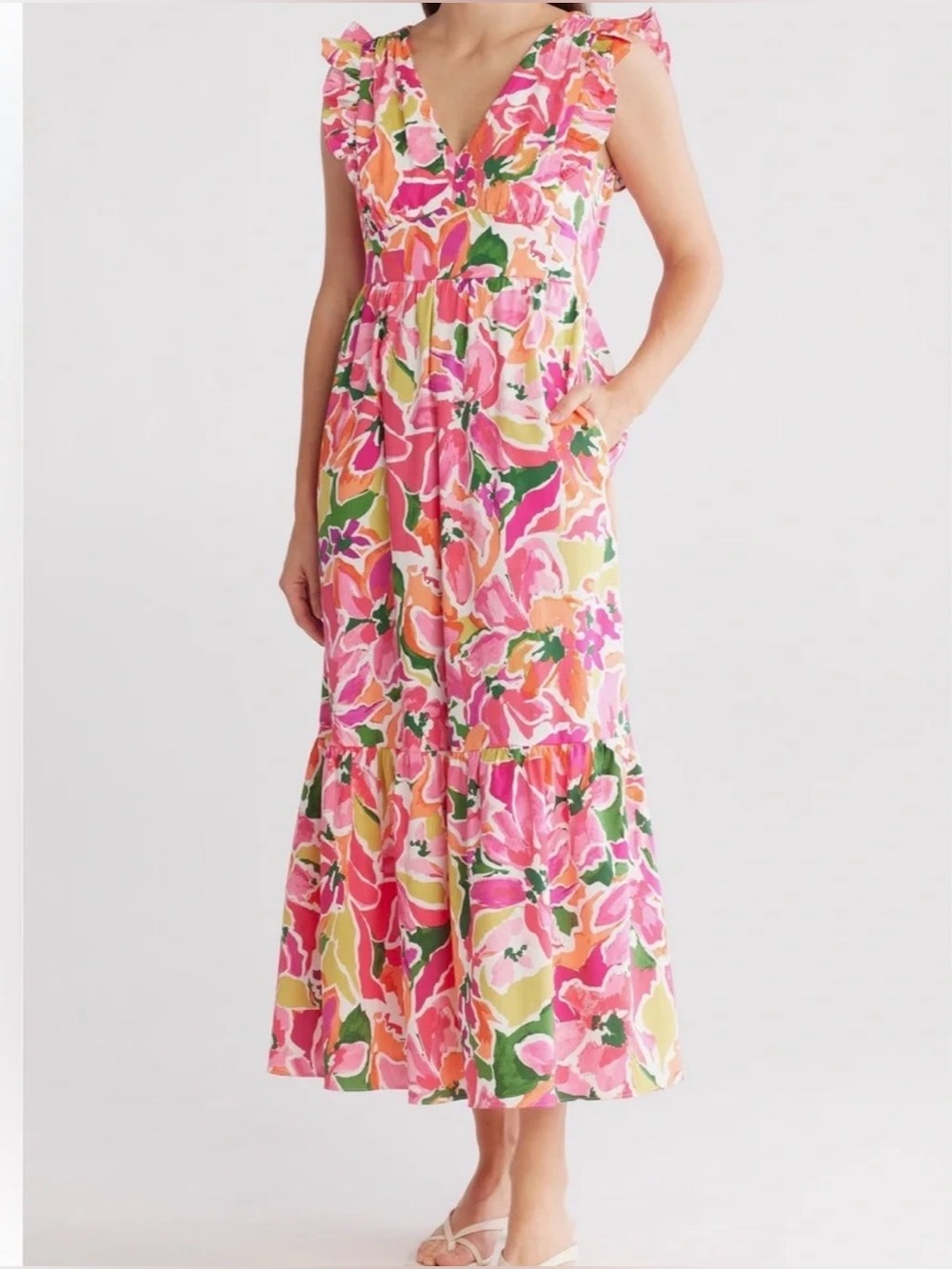 Maggy London Pink Floral Ruffle-Shoulder and Hem Maxi Sundress, size 8